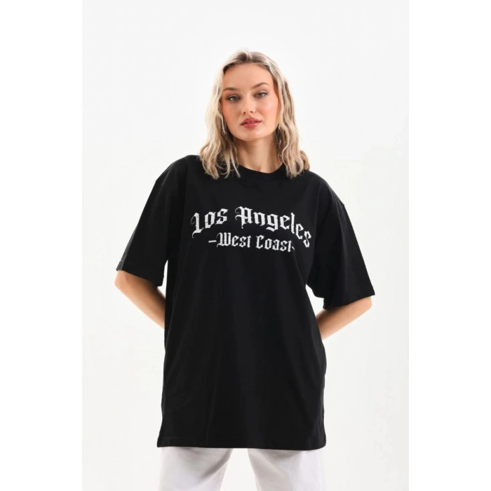 Kadın Baskılı Tişört Kısa Kol Bisiklet Yaka Oversize T-Shirt - Siyah