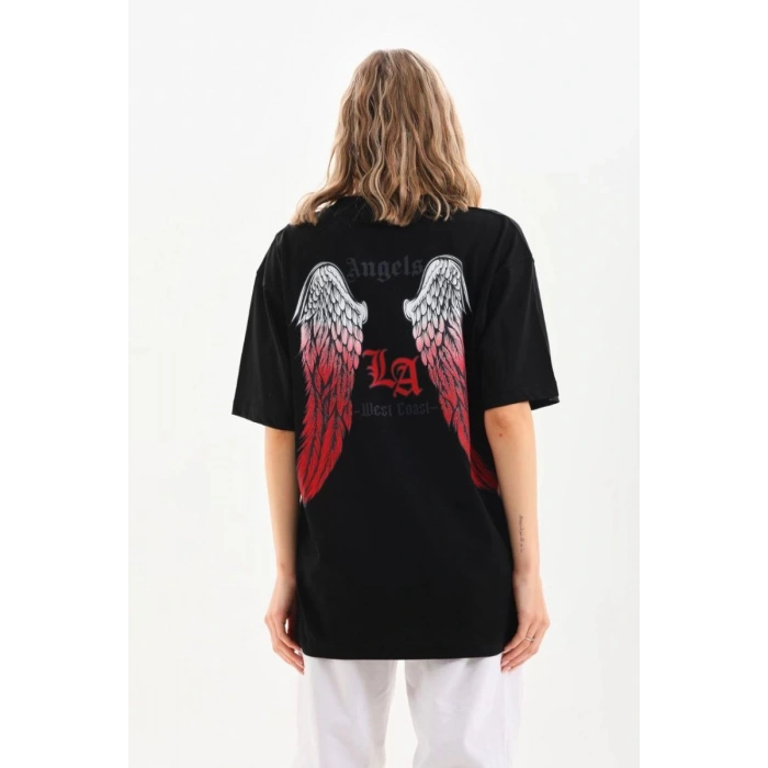 Kadın Baskılı Tişört Kısa Kol Bisiklet Yaka Oversize T-Shirt - Siyah