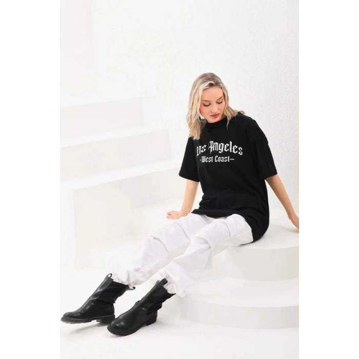 Kadın Baskılı Tişört Kısa Kol Bisiklet Yaka Oversize T-Shirt - Siyah