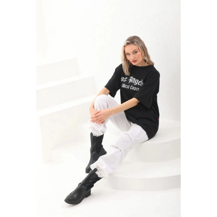 Kadın Baskılı Tişört Kısa Kol Bisiklet Yaka Oversize T-Shirt - Siyah