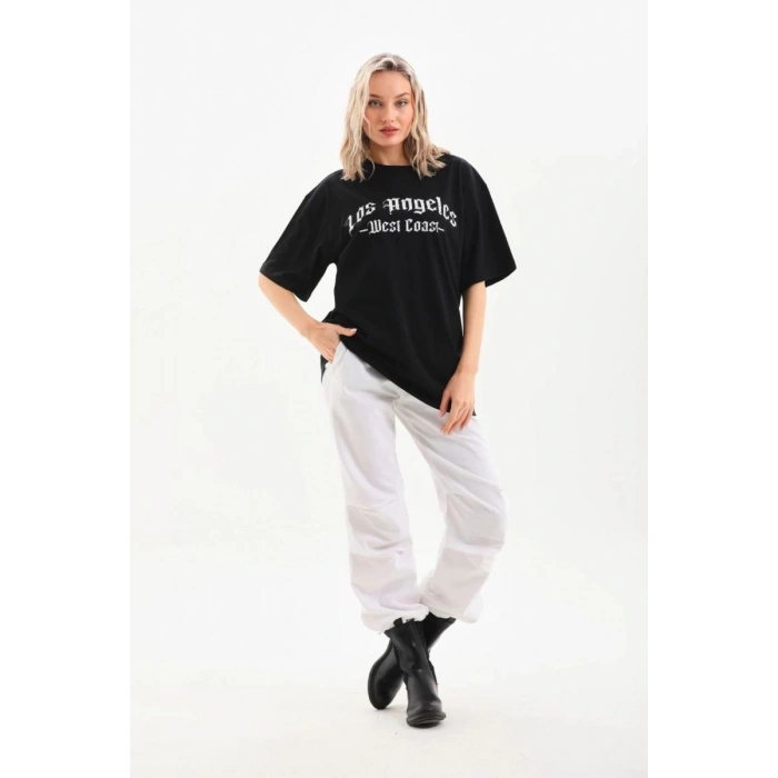 Kadın Baskılı Tişört Kısa Kol Bisiklet Yaka Oversize T-Shirt - Siyah