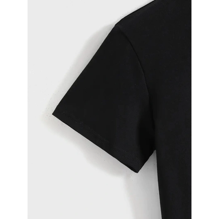 Kadın Baskılı Tişört Kısa Kol Bisiklet Yaka T-shirt - Siyah