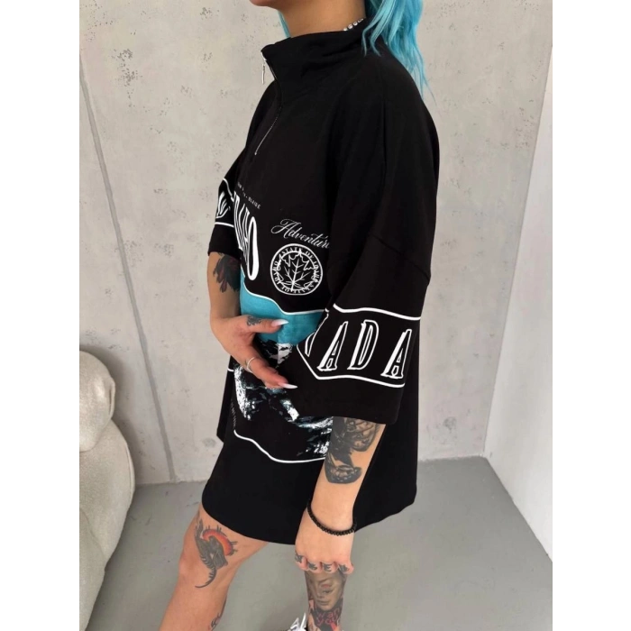 Kadın Baskılı Yarım Fermuarlı Kısa kol T-Shirt - Siyah