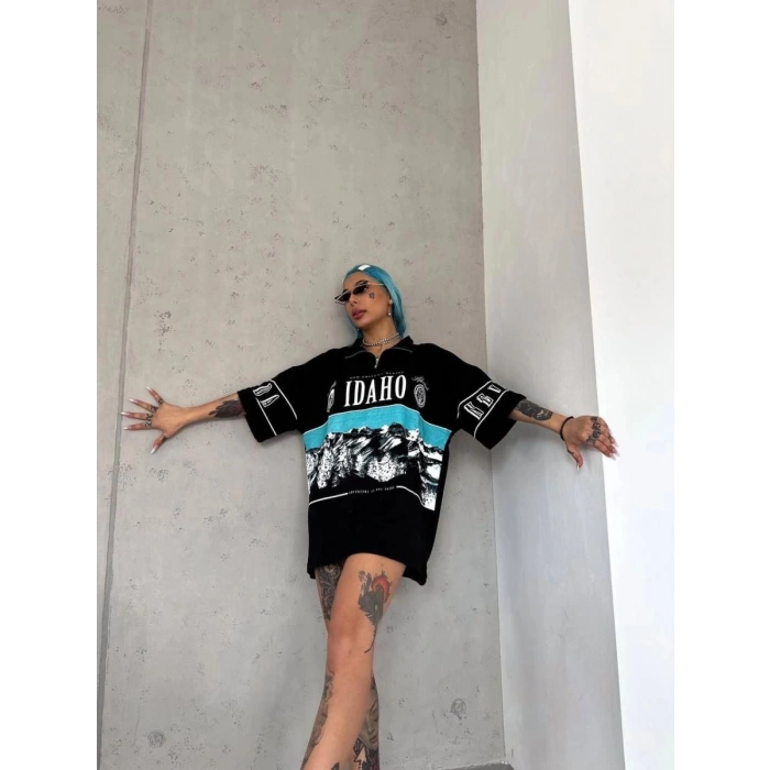 Kadın Baskılı Yarım Fermuarlı Kısa kol T-Shirt - Siyah
