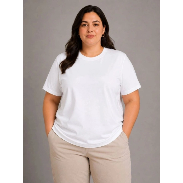 Kadın Battal Big Size Basic Tişört Bisiklet Yaka Rahat Kalıp T-Shirt - Beyaz