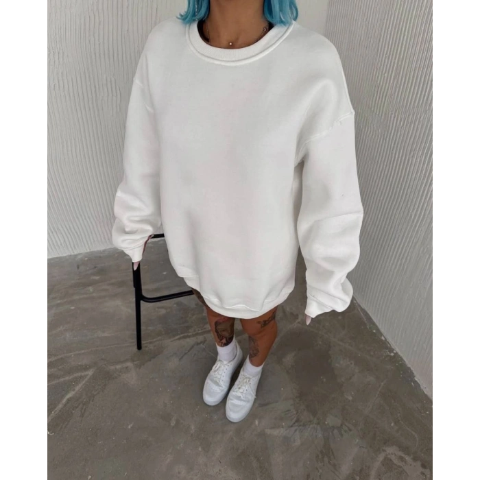 Kadın Bisiklet Yaka 3 İplik Pamuklu Basic SweatShirt - Beyaz
