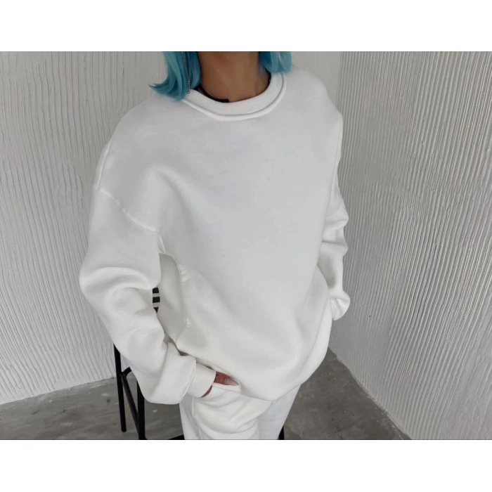 Kadın Bisiklet Yaka 3 İplik Pamuklu Basic SweatShirt - Beyaz