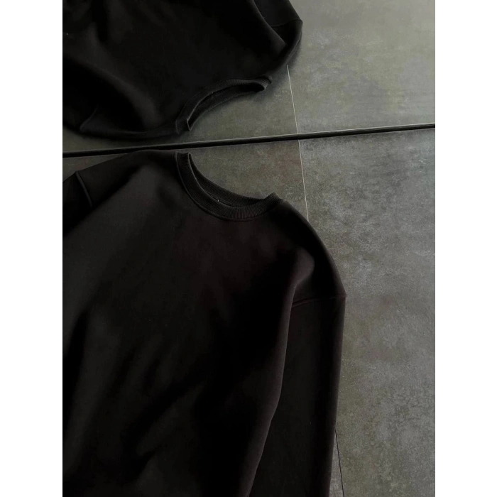 Kadın Bisiklet Yaka 3 İplik Pamuklu Basic SweatShirt - Siyah