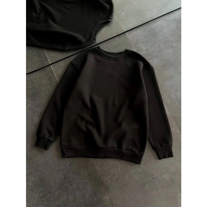 Kadın Bisiklet Yaka 3 İplik Pamuklu Basic SweatShirt - Siyah