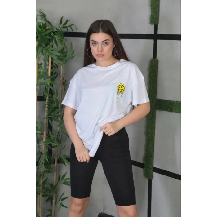 Kadın Bisiklet Yaka Baskılı Kısa kol Oversize T-Shirt - Beyaz