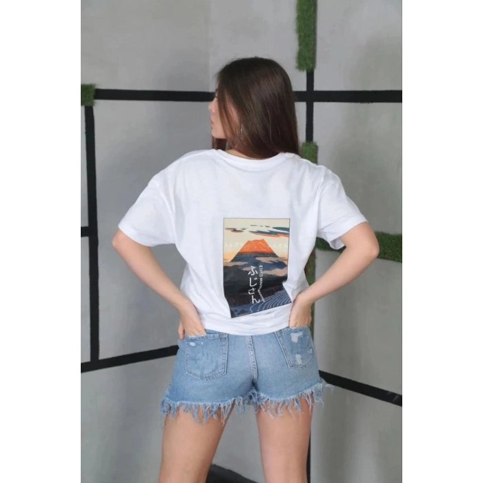 Kadın Bisiklet Yaka Baskılı Kısa kol Oversize T-Shirt- Beyaz