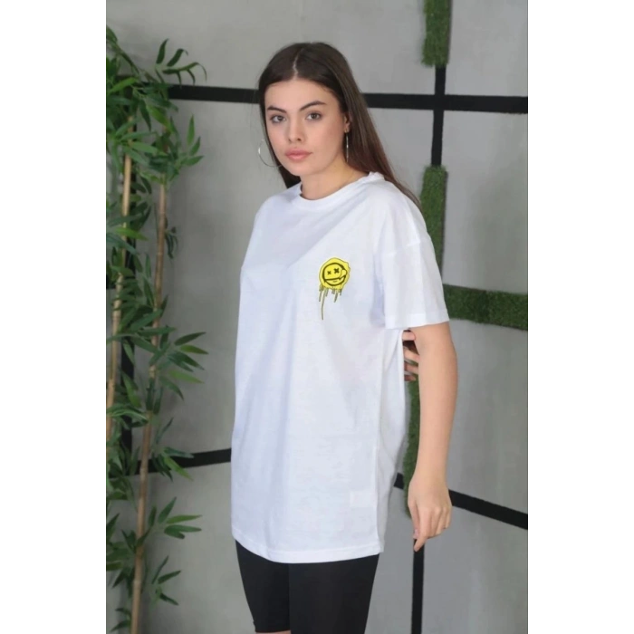 Kadın Bisiklet Yaka Baskılı Kısa kol Oversize T-Shirt - Beyaz