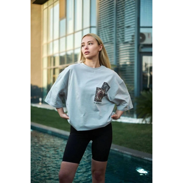 kadın Bisiklet Yaka Baskılı Kısa kol Oversize T-Shirt - Boyalı Gri