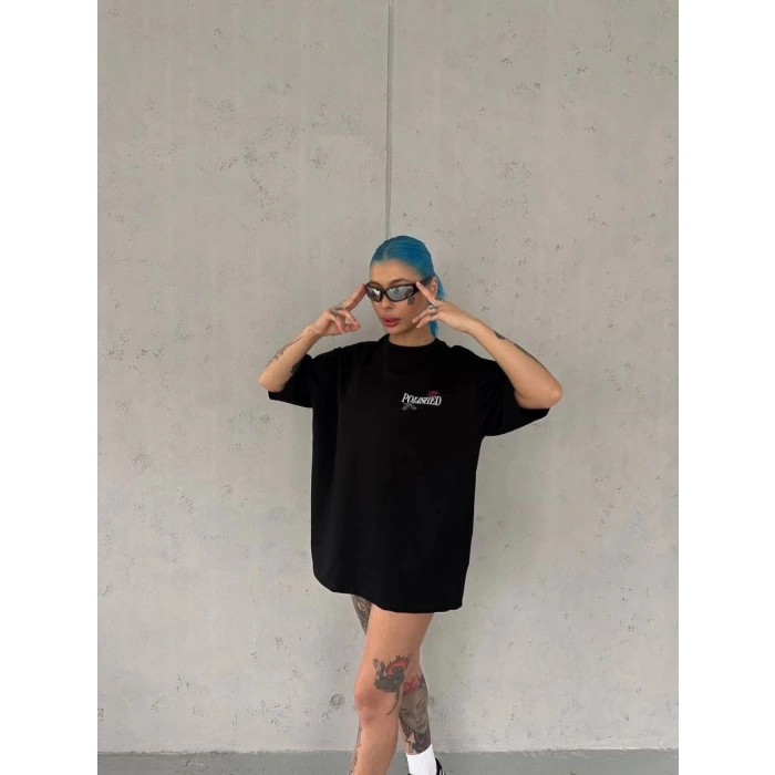 Kadın Bisiklet Yaka Baskılı kısa kol Oversize T-Shirt - Siyah