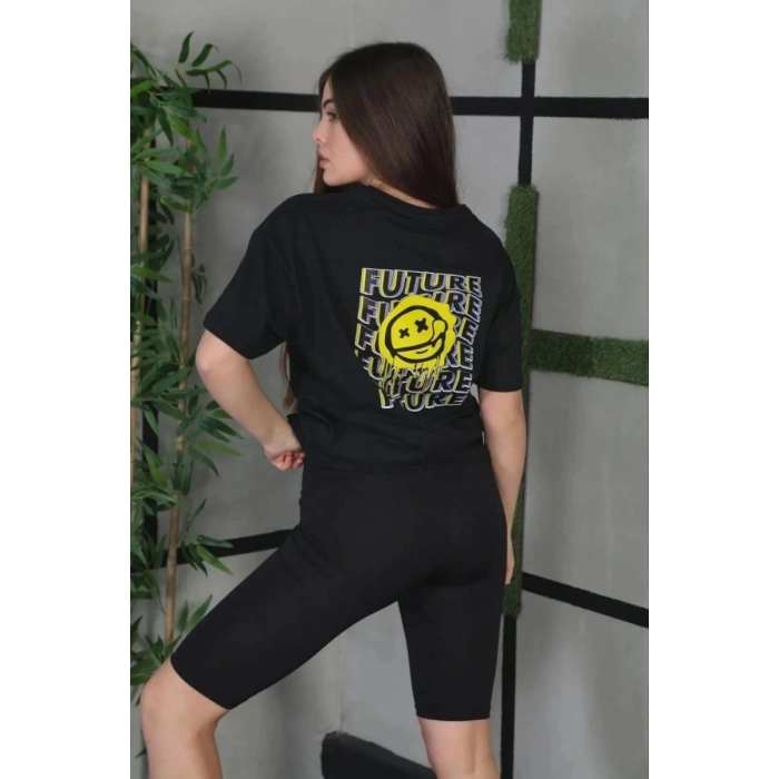 Kadın Bisiklet Yaka Baskılı  Kısa kol Oversize T-Shirt - Siyah