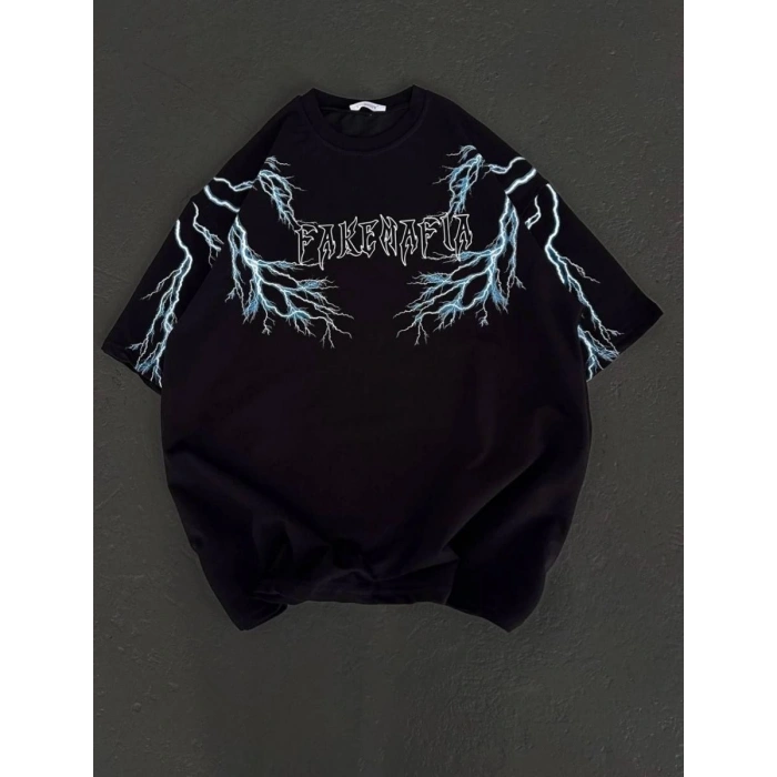 Kadın Bisiklet Yaka Baskılı  Kısa kol Oversize T-Shirt - Siyah