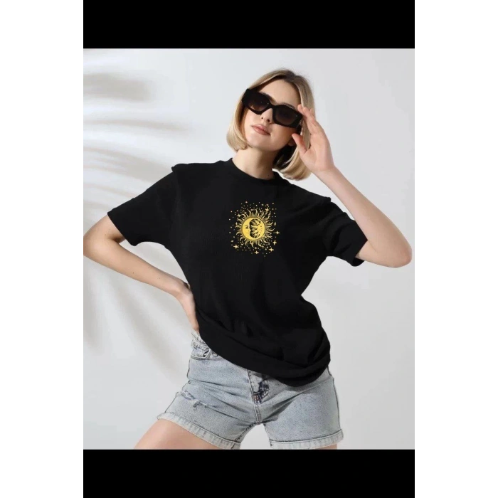 Kadın Bisiklet Yaka Baskılı  Kısa kol T-Shirt - Siyah