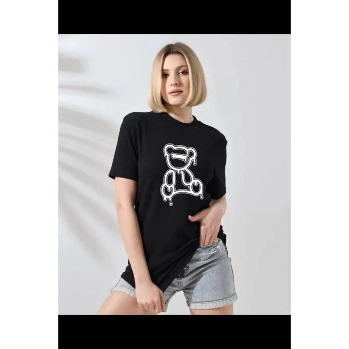 Kadın Bisiklet Yaka Baskılı  Kısa kol T-Shirt - Siyah