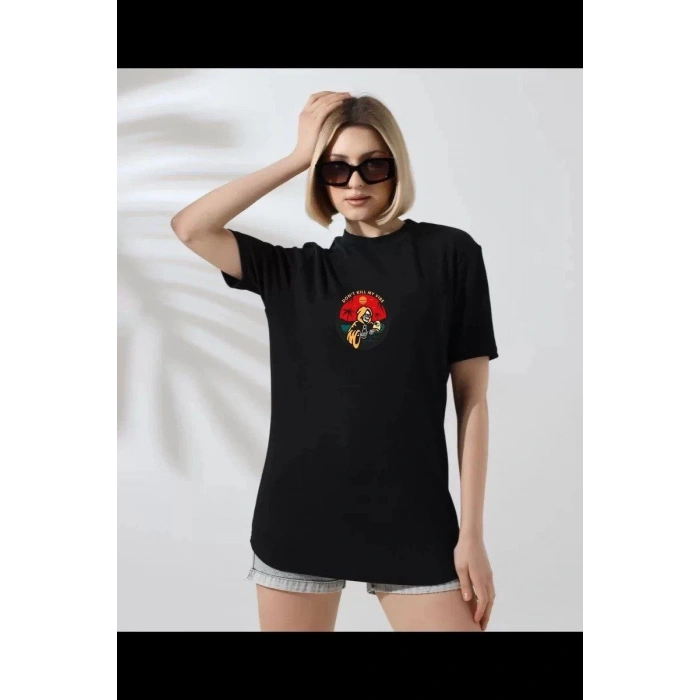 Kadın Bisiklet Yaka Baskılı  kısa kol T-Shirt - Siyah