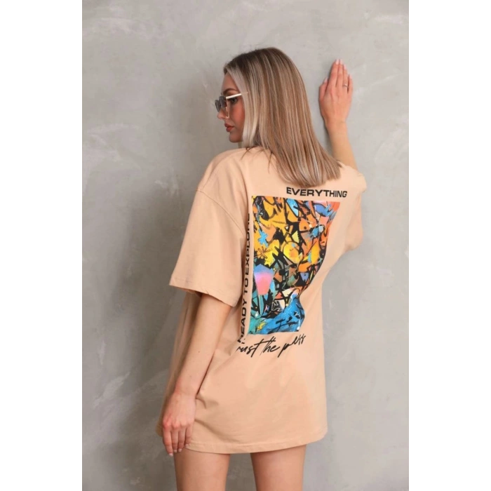 kadın Bisiklet Yaka Baskılı Oversize Kısa kol T-Shirt - Bej