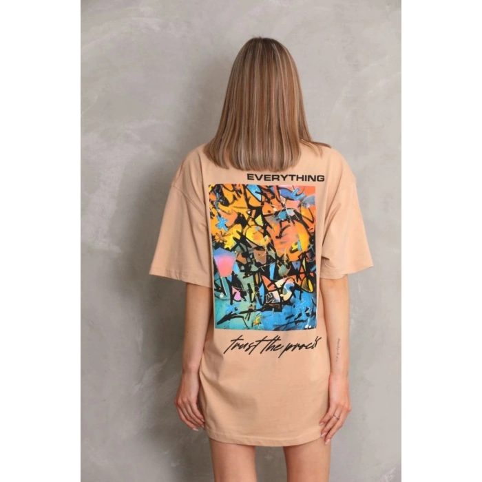 kadın Bisiklet Yaka Baskılı Oversize Kısa kol T-Shirt - Bej
