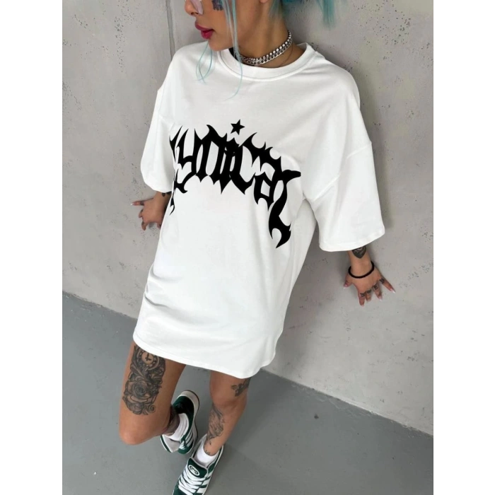 kadın Bisiklet Yaka Baskılı Oversize  Kısa kol T-Shirt - Beyaz
