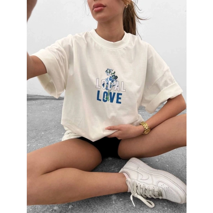 kadın Bisiklet Yaka Baskılı oversize  Kısa kol T-Shirt - Beyaz