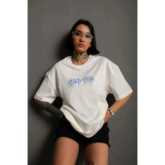 kadın Bisiklet Yaka Baskılı Oversize Kısa kol  T-Shirt - Beyaz