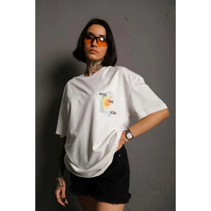 kadın Bisiklet Yaka Baskılı Oversize Kısa kol T-Shirt - Beyaz