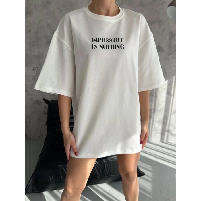 kadın Bisiklet Yaka Baskılı Oversize  Kısa kol T-Shirt - Beyaz