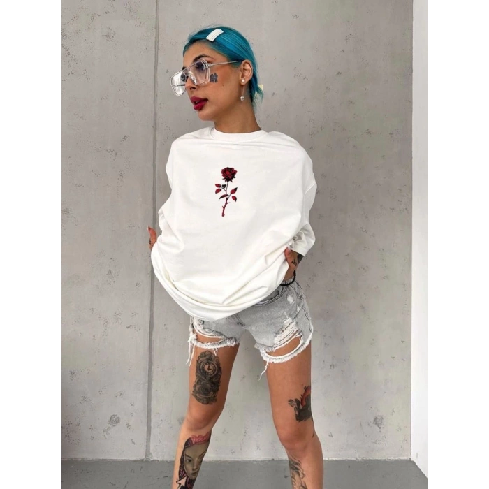 kadın Bisiklet Yaka Baskılı Oversize Kısa kol  T-Shirt - Beyaz