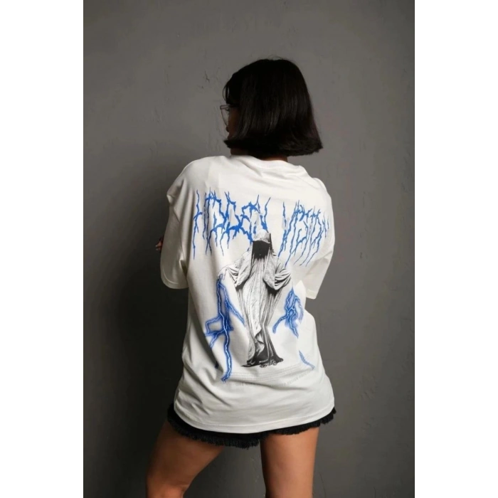 kadın Bisiklet Yaka Baskılı Oversize Kısa kol  T-Shirt - Beyaz