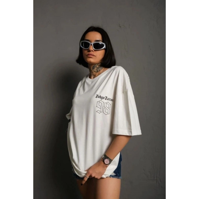 kadın Bisiklet Yaka Baskılı Oversize Kısa kol  T-Shirt - Beyaz