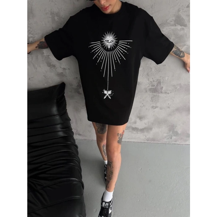 kadın Bisiklet Yaka Baskılı Oversize  Kısa kol T-Shirt - Siyah