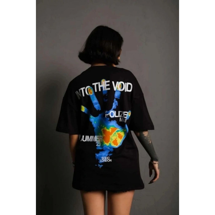 kadın Bisiklet Yaka Baskılı Oversize Kısa kol T-Shirt - Siyah