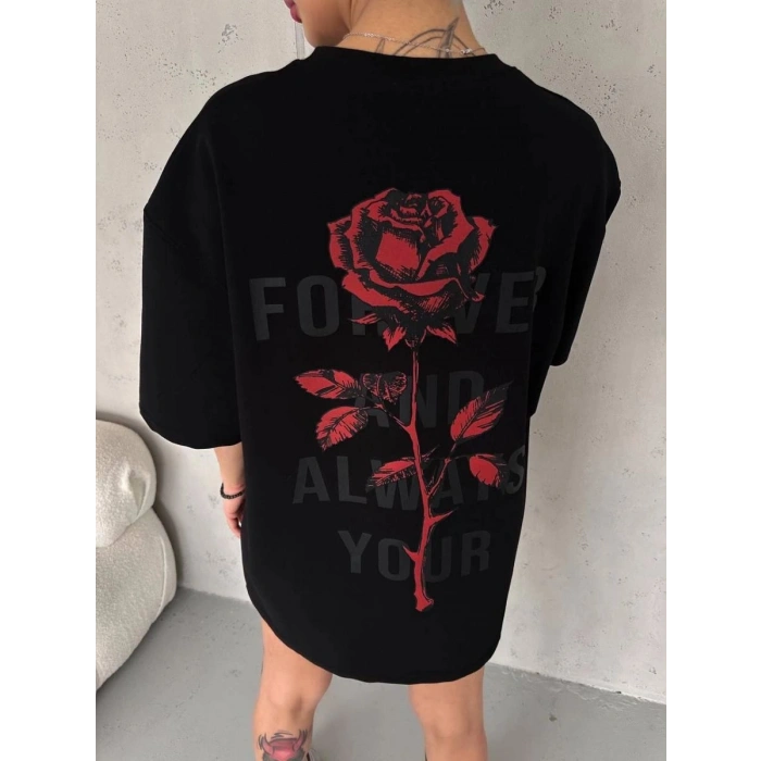 kadın Bisiklet Yaka Baskılı Oversize  Kısa kol T-Shirt - Siyah