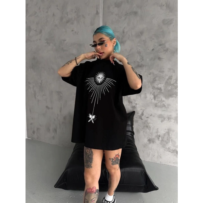 kadın Bisiklet Yaka Baskılı Oversize  Kısa kol T-Shirt - Siyah