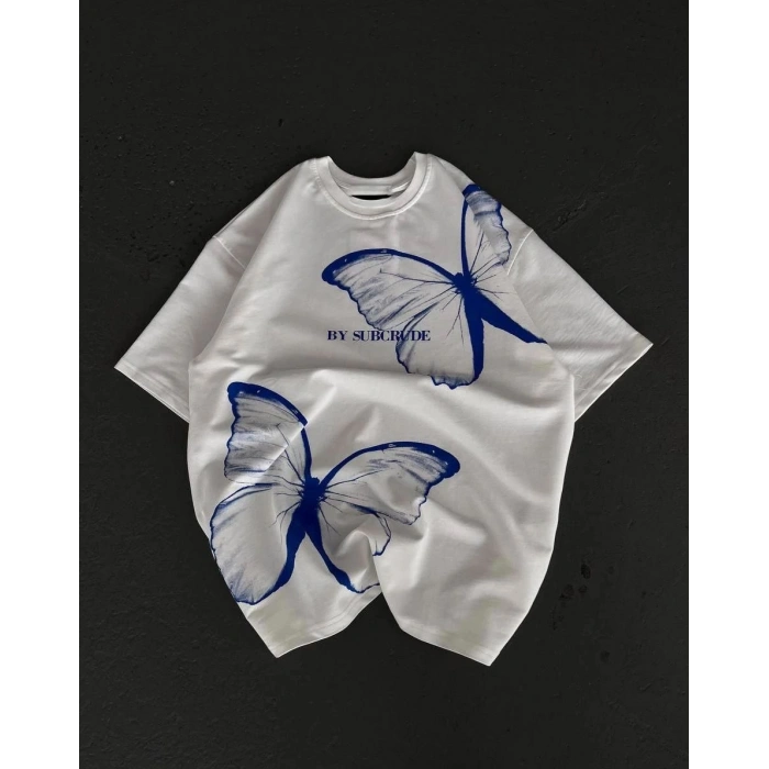 kadın  Bisiklet Yaka Baskılı Oversize T-Shirt - Beyaz