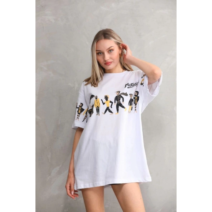kadın Bisiklet Yaka Baskılı Oversize T-Shirt - Beyaz