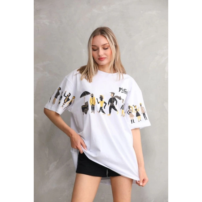 kadın Bisiklet Yaka Baskılı Oversize T-Shirt - Beyaz