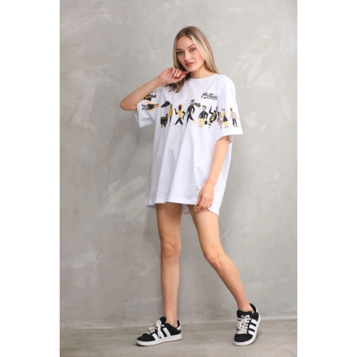 kadın Bisiklet Yaka Baskılı Oversize T-Shirt - Beyaz