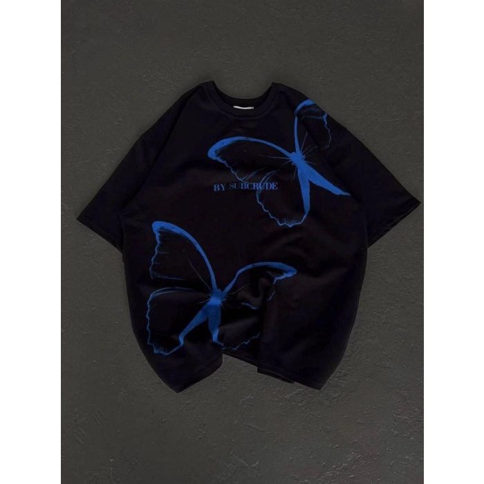 kadın Bisiklet Yaka Baskılı Oversize T-Shirt - Siyah