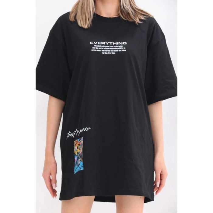 kadın  Bisiklet Yaka Baskılı Oversize T-Shirt - Siyah