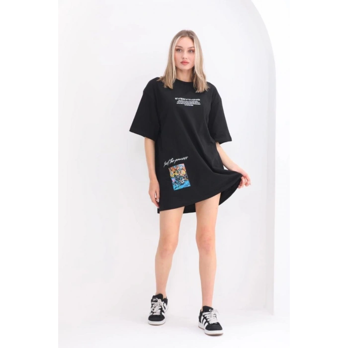 kadın  Bisiklet Yaka Baskılı Oversize T-Shirt - Siyah