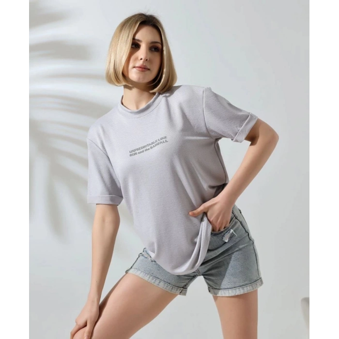 Kadın Bisiklet Yaka Baskılı Slim Fit T-Shirt - Boyalı Gri