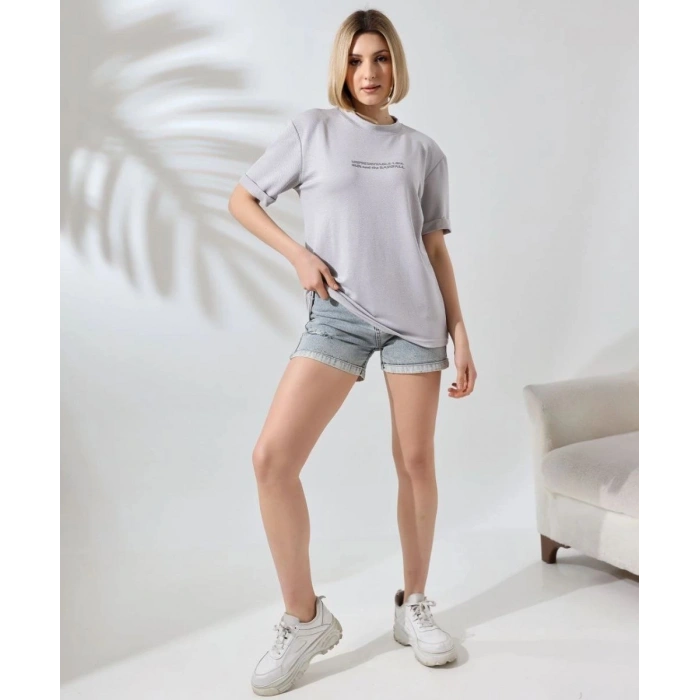Kadın Bisiklet Yaka Baskılı Slim Fit T-Shirt - Boyalı Gri