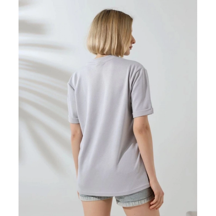 Kadın Bisiklet Yaka Baskılı Slim Fit T-Shirt - Boyalı Gri