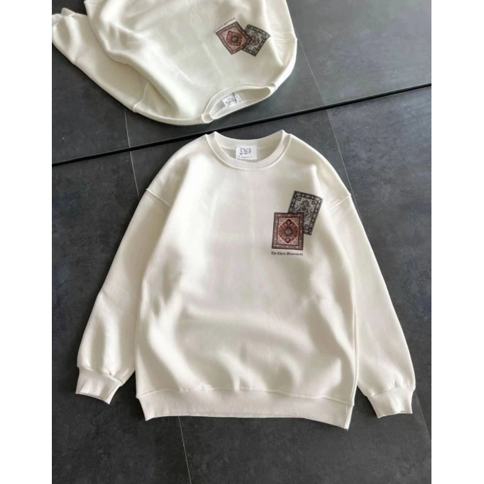 Kadın Bisiklet Yaka Kilim Halı Baskılı 3 İplik Pamuklu Sweatshirt - Beyaz