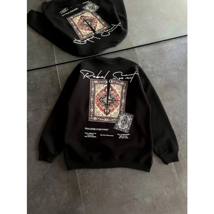 Kadın Bisiklet Yaka Kilim Halı Baskılı 3 İplik Pamuklu Sweatshirt - Siyah