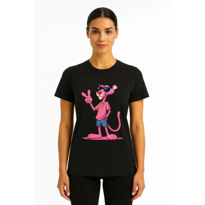 Kadın Bisiklet Yaka Kısa Kollu Baskılı T-shirt - Siyah